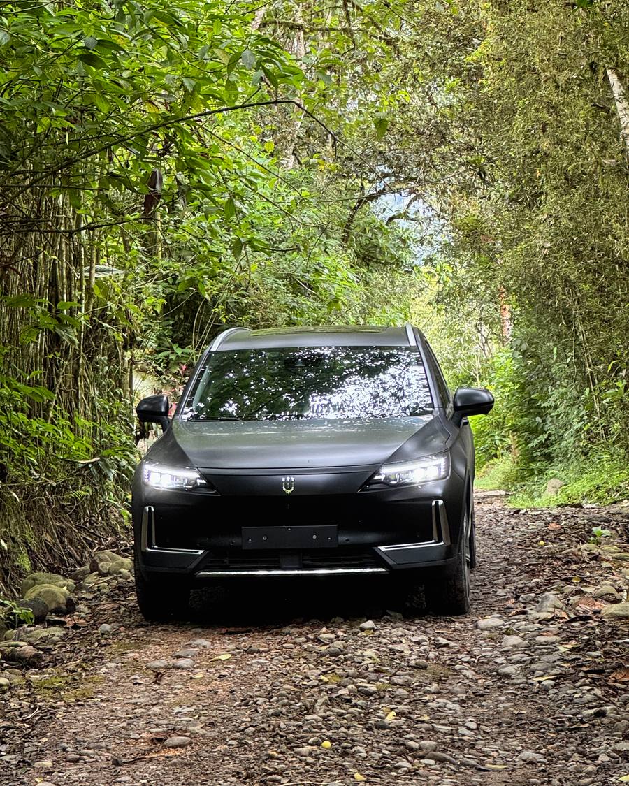 Front of the Skywell BE11 with its LED headlights on, in the forest.